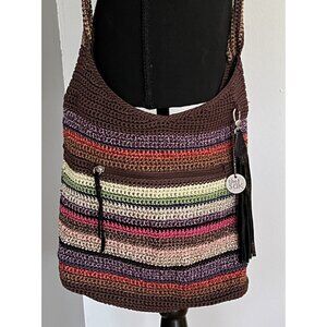 The Sak Crochet Multi Colored Stripes Boho Shoulder Bag Purse Brown Green Pink